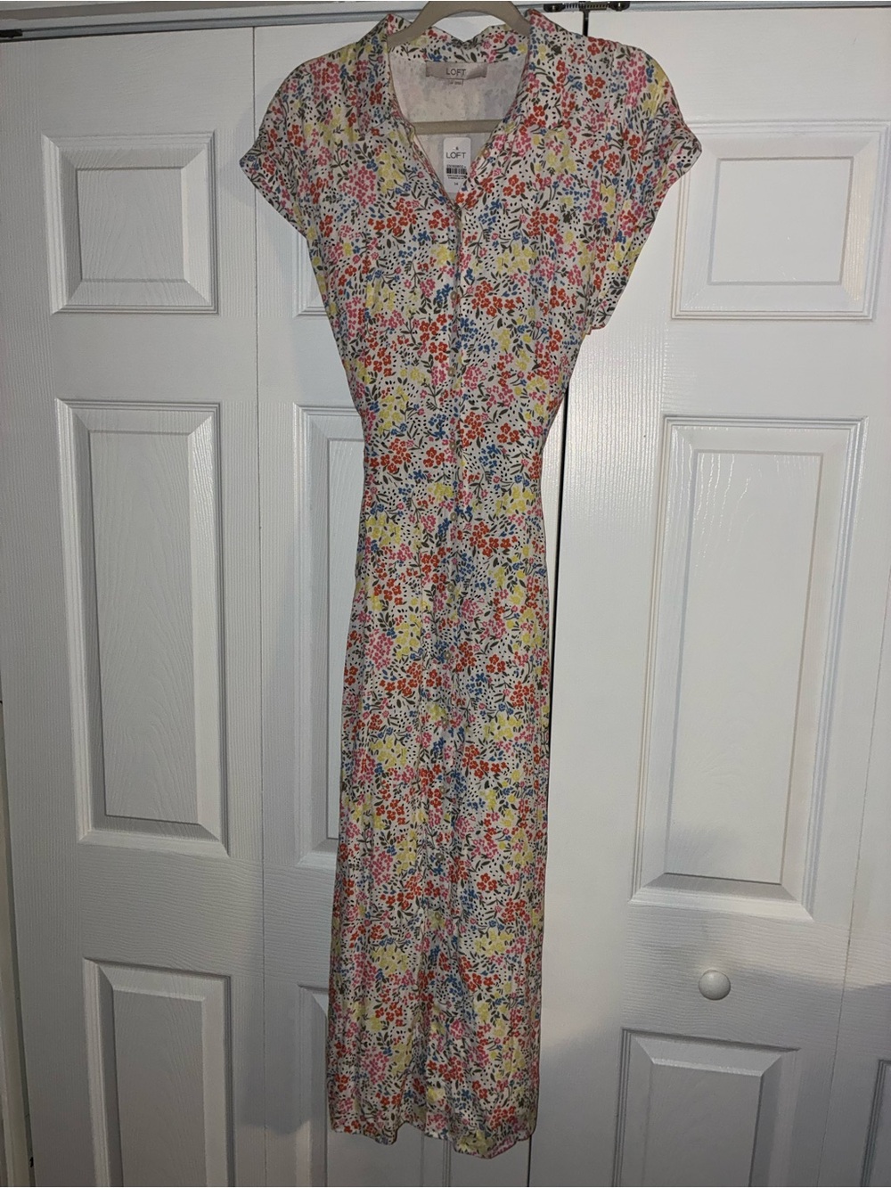 LOFT Floral Button-Front Maxi Dress in Cream with Pink, Blue & Yellow Print